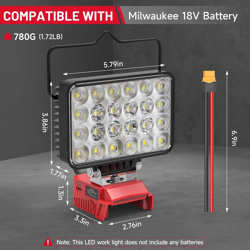 Upgraded wireless LED work light, compatible with various batteries, 7200 lumens, dual USB and Type-C fast charging, essential for camping, emergency repairs and construction site lighting [batteries not included].