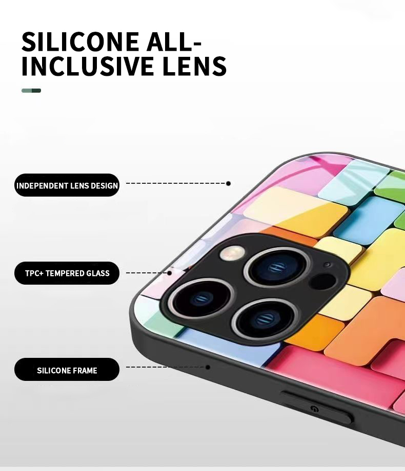 Flat 3D Square Pattern Glass Case Cover For iPhone