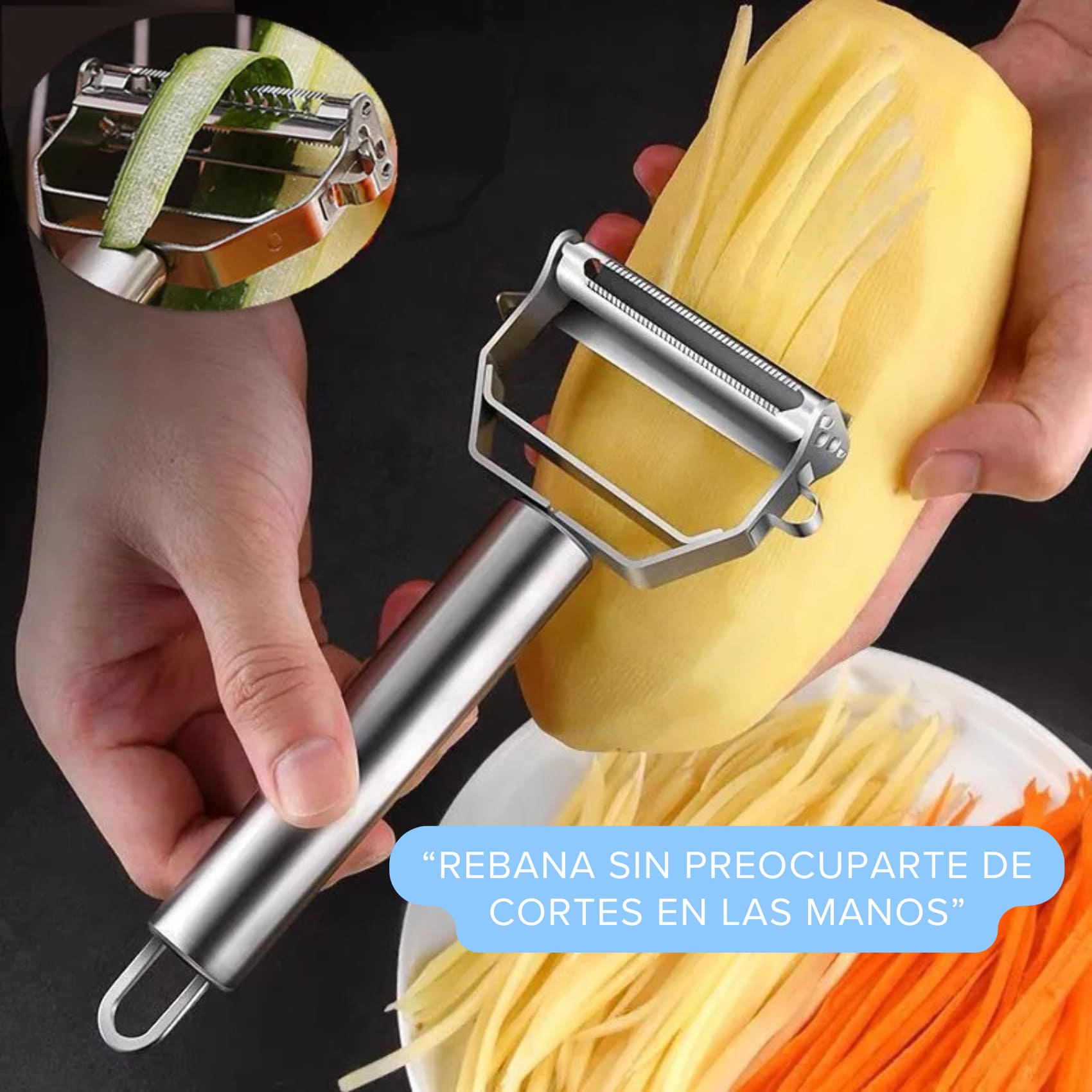 Pelador Multifuncional (Pela Rebana Descorazona Acanala Corta) Frutas y Verduras Doble Cabezal Acero Inox