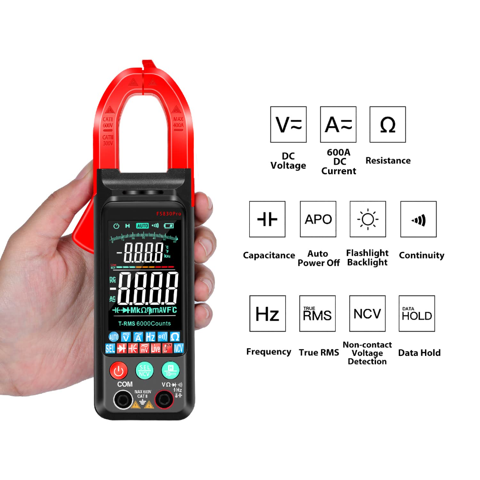 Digital clamp meter with LED light for measuring voltage, current and temperature