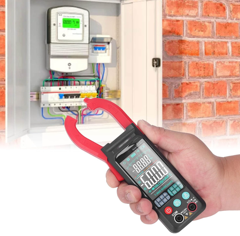 Digital clamp meter with LED light for measuring voltage, current and temperature