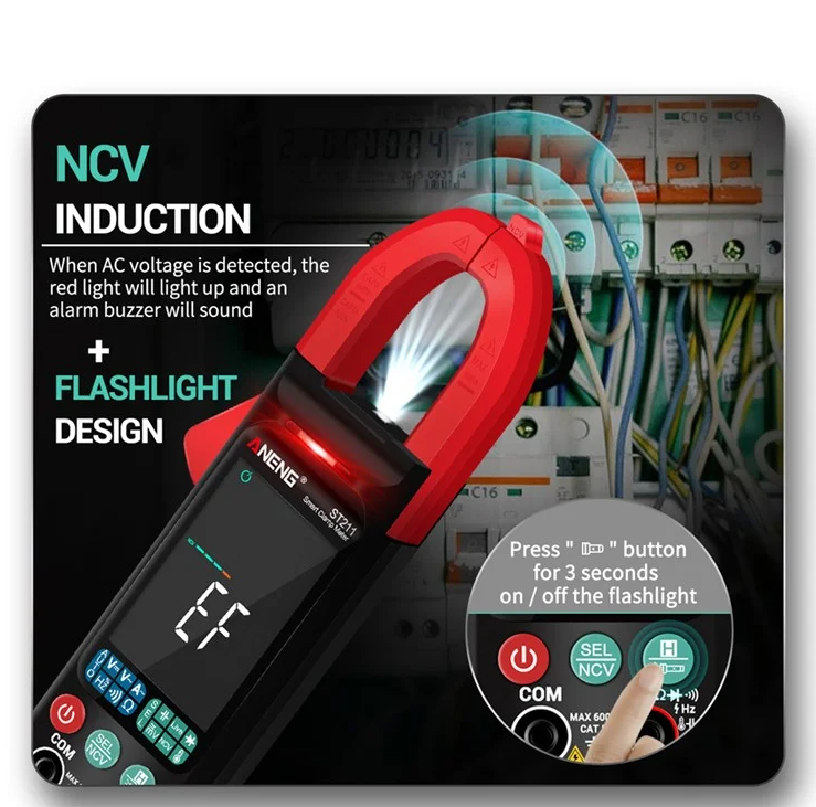 Digital clamp meter with LED light for measuring voltage, current and temperature