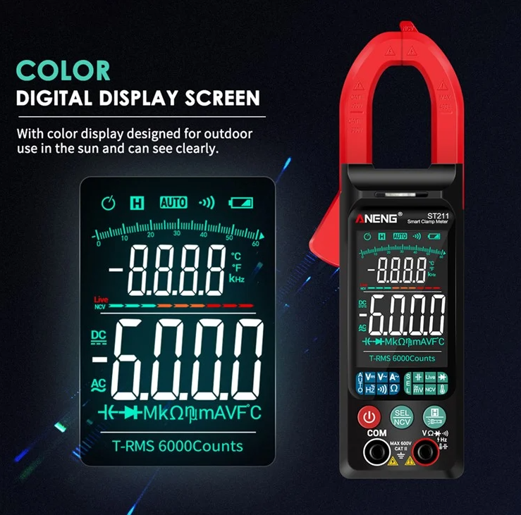 Digital clamp meter with LED light for measuring voltage, current and temperature