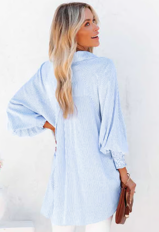 💥Mid-length smocked shirt with striped lapel and oversized drawdown sleeves