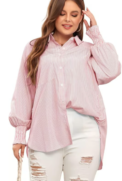 💥Mid-length smocked shirt with striped lapel and oversized drawdown sleeves