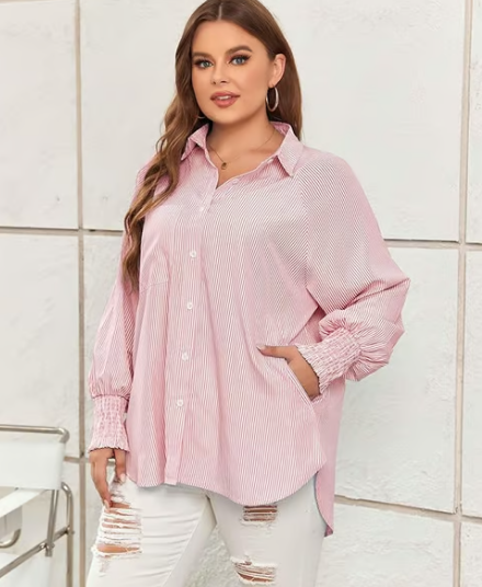 💥Mid-length smocked shirt with striped lapel and oversized drawdown sleeves