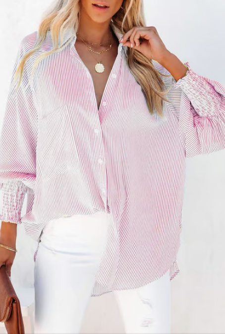 💥Mid-length smocked shirt with striped lapel and oversized drawdown sleeves