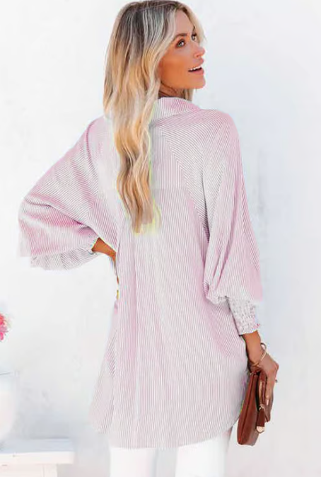 💥Mid-length smocked shirt with striped lapel and oversized drawdown sleeves