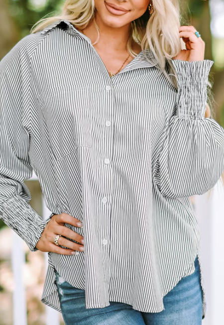 💥Mid-length smocked shirt with striped lapel and oversized drawdown sleeves