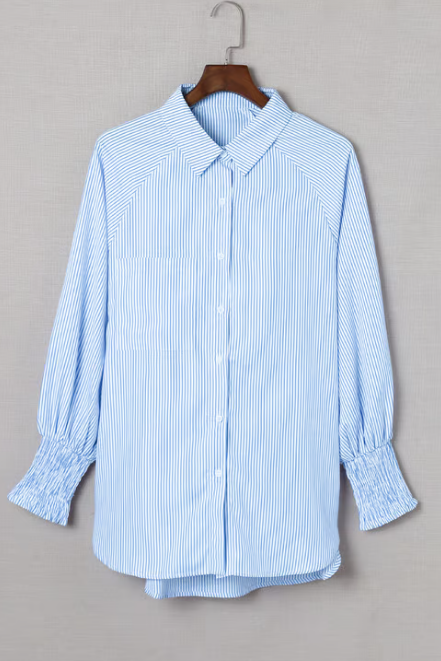 💥Mid-length smocked shirt with striped lapel and oversized drawdown sleeves