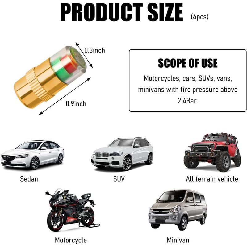 4PCS Automotive Pressure Monitor Valve Caps - For Mid-Duty, Compact & Motorcycles, Bicycles - Compatible with Tire Pressure Monitoring (Copper Core)