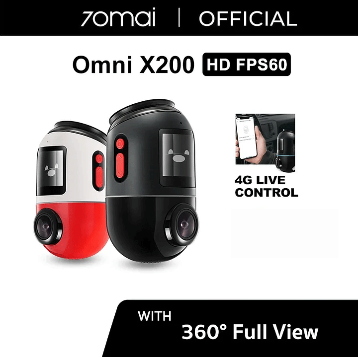 70mai Dash Cam Omni X200 360° Full View 4G Connect HD 1080P FOV 140° - Hitam+4G Kit, Built-in 64G