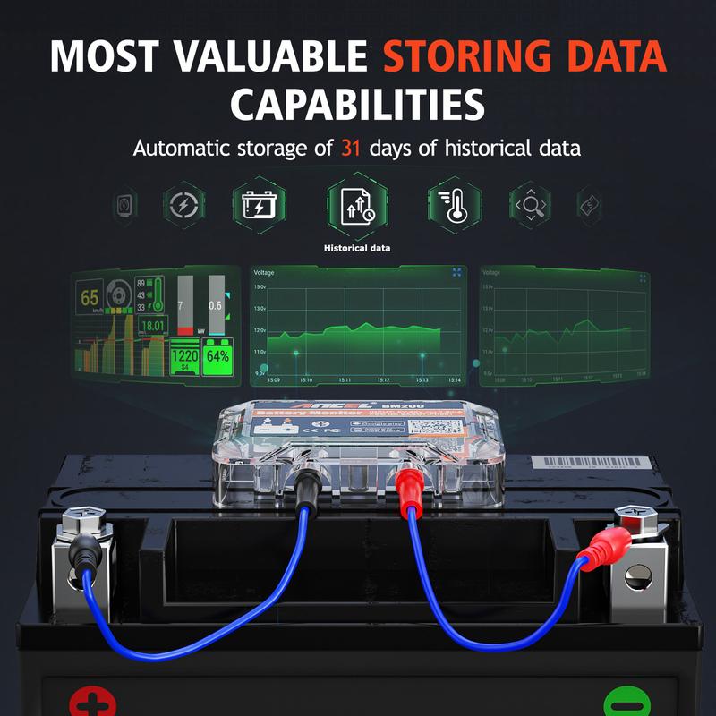 ANCEL BM200 12V Car Battery Tester, Bluetooth 4.2 Auto Battery Load Analyzer for Lithium & Lead-Acid Batteries with Cranking Charging Test Alarm Record Voltage History