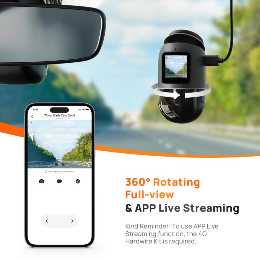 70mai Dash Cam Omni X200 360° Full View 4G Connect HD 1080P FOV 140° - Hitam+4G Kit, Built-in 64G