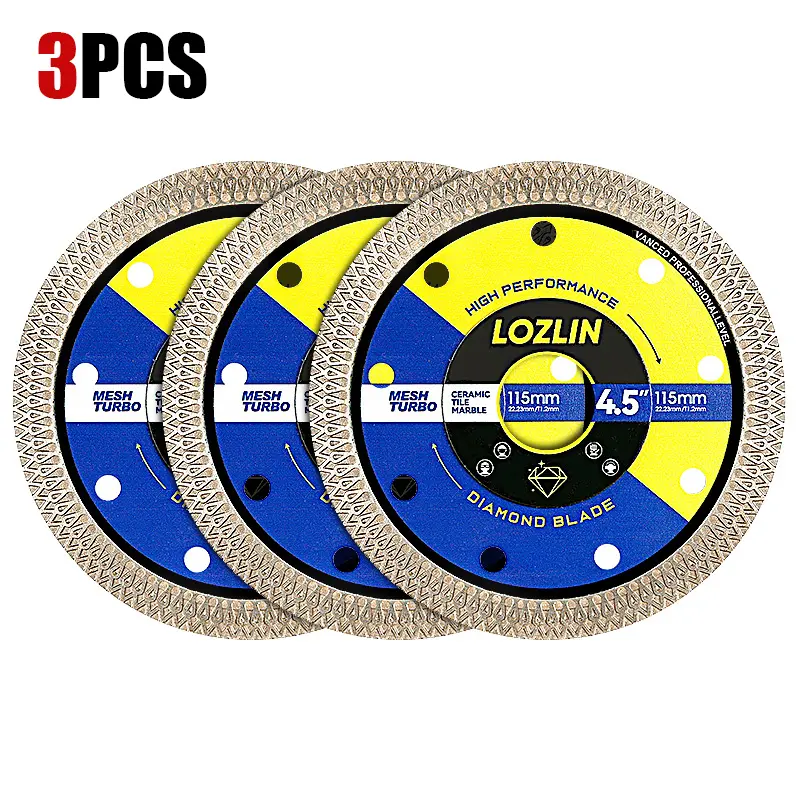 LOZLIN 3PCS 4.5" (115MM) Mesh Turbo Diamond Cutting Disc - Grinding & Cutting Blade for Tile, Ceramic, Marble - Fits Angle Grinder