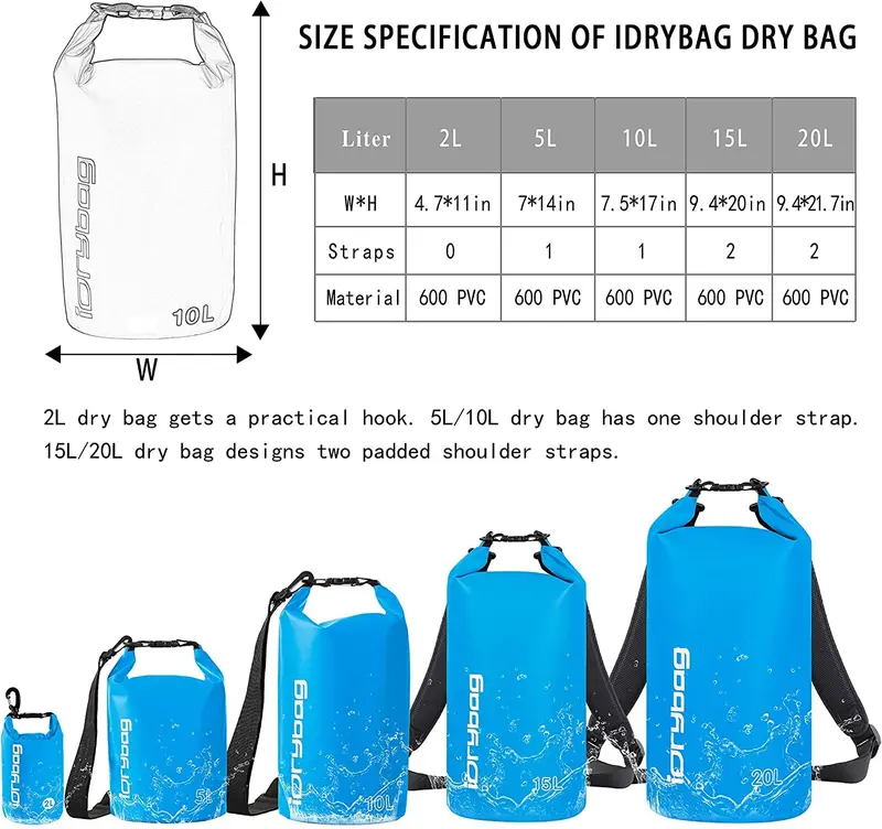 Product Introduction of IDRYBAG Waterproof Backpack Dry Bag for Women Men, Floating Bag Dry Backpack 2L/5L/10L/15L/20L, Dry Bags Waterproof for Kayaking, Boating, Canoeing, Rafting, Hiking, Camping christmas 2024 ornament christmas 2024 ornaments Blue Pink Outdoor Green 12
