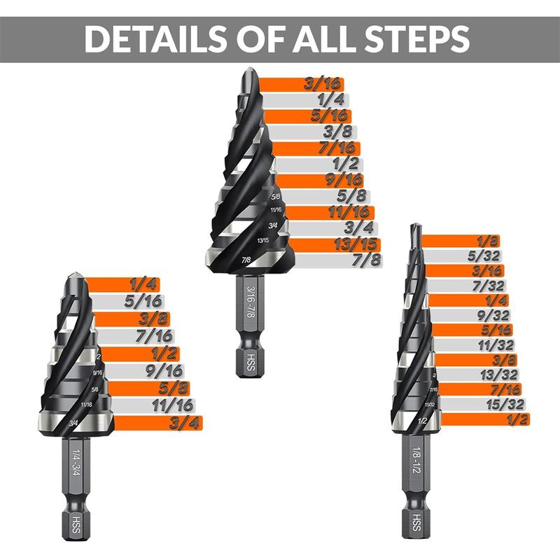 THINKWORK 3-Pc HSS Step Drill Bit Set with Tool Box 1/4" Shank for Aluminum Wood & Plastic Cobalt Step Universal Power Drilling Tools - Hardware
