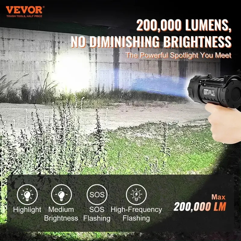 VEVOR Super Bright Rechargeable Spotlight Flashlight 200,000LM Searchlight