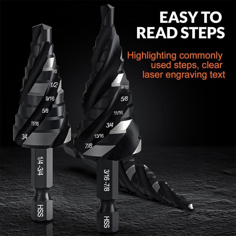 THINKWORK 3-Pc HSS Step Drill Bit Set with Tool Box 1/4" Shank for Aluminum Wood & Plastic Cobalt Step Universal Power Drilling Tools - Hardware