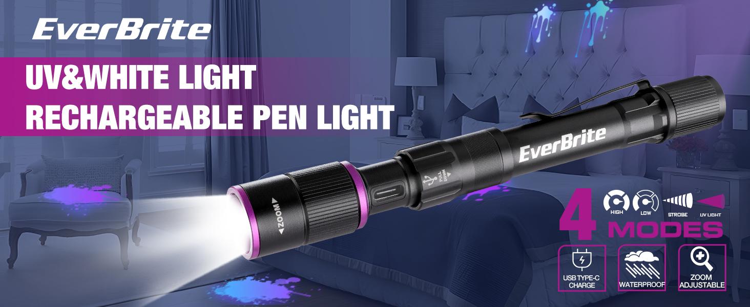 #Summervibes EverBrite Rechargeable Pen Flashlight with UV Light and White Light, 395nm Black Flashlight with Clip, Zoomable 4 Modes with Memory Function, USB C Cable, for Camping, Emergency, Pet Urine Detection #Summervibes EverBrite Rechargeable Pen Flashlight with UV Light and White Light, 395nm Black Flashlight with Clip, Zoomable 4 Modes with Memory Function, USB C Cable, for Camping, Emergency, Pet Urine Detection