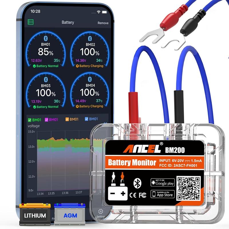 ANCEL BM200 12V Car Battery Tester, Bluetooth 4.2 Auto Battery Load Analyzer for Lithium & Lead-Acid Batteries with Cranking Charging Test Alarm Record Voltage History