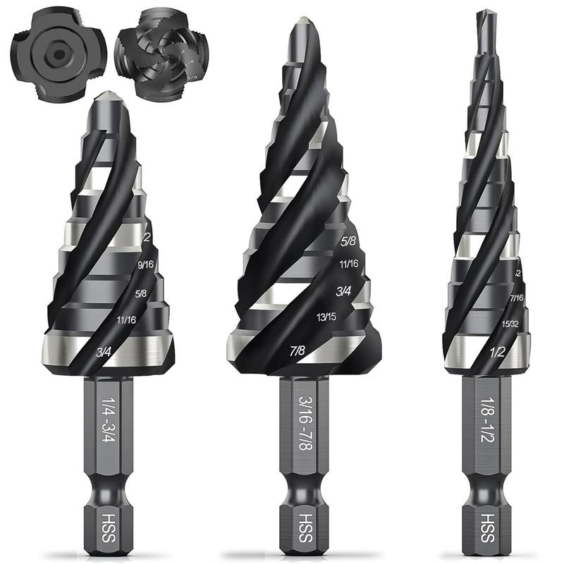 THINKWORK 3-Pc HSS Step Drill Bit Set with Tool Box 1/4" Shank for Aluminum Wood & Plastic Cobalt Step Universal Power Drilling Tools - Hardware