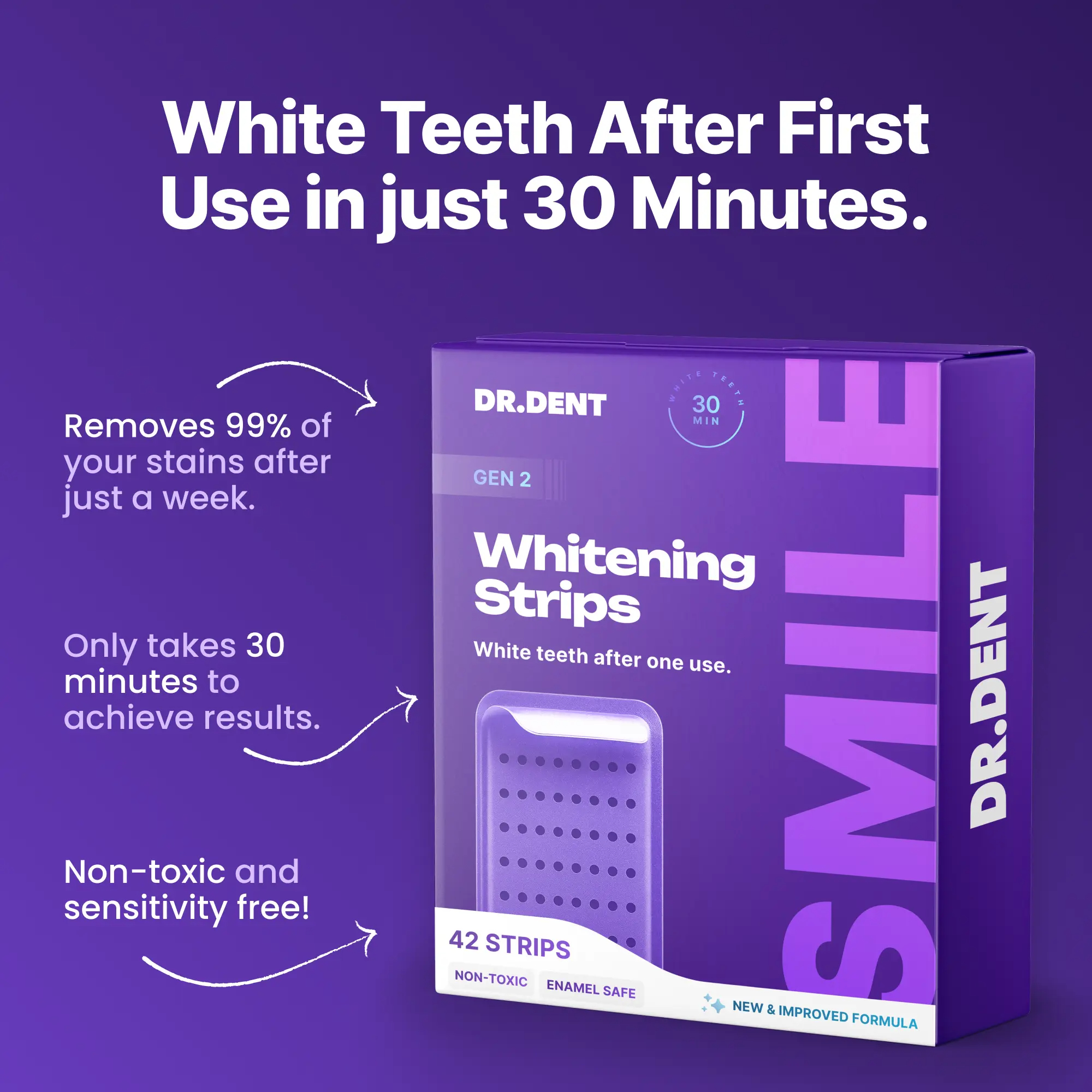 Purple Teeth Whitening Strips - 7/21 Whitening Sessions - Safe for Enamel - Non Sensitive Teeth Whitening - Peroxide-Free