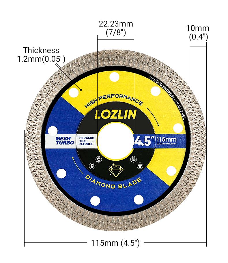 LOZLIN 3PCS 4.5" (115MM) Mesh Turbo Diamond Cutting Disc - Grinding & Cutting Blade for Tile, Ceramic, Marble - Fits Angle Grinder