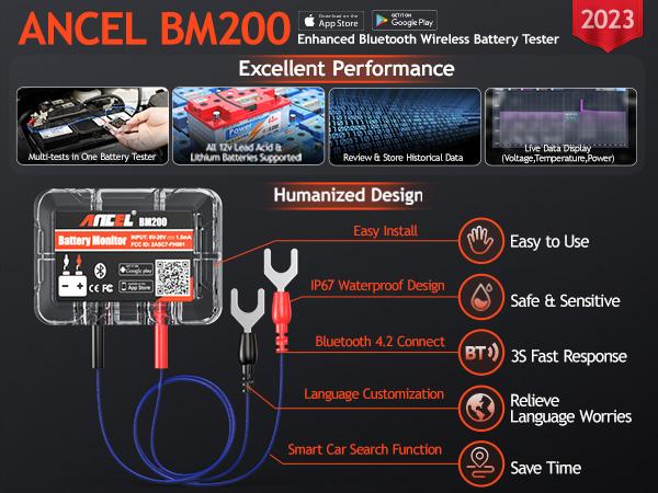 Product Introduction of ANCEL BM200 12V Car Battery Tester, Bluetooth 4.2 Auto Battery Load Analyzer for Lithium & Lead-Acid Batteries with Cranking Charging Test Alarm Record Voltage History 1