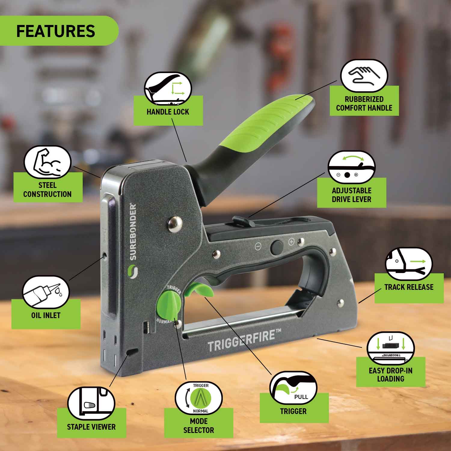 Heavy Duty Narrow Crown Staple Gun with Trigger Mode Useful Tool for Upholstery, DIY, Wood