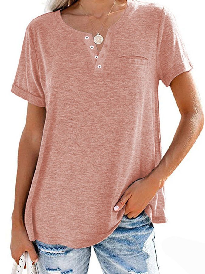 Fashion Solid Color Pocket Short Sleeve T-Shirt-Pink Laura