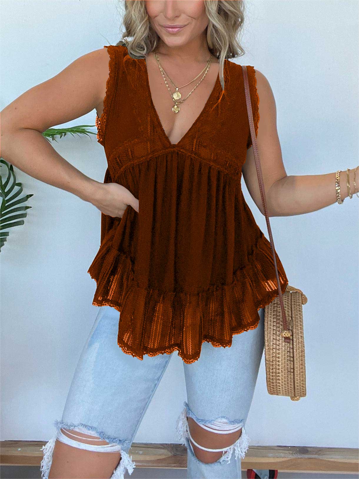 V-neckline Sleeveless Flow Top with Lace Trim (Buy 2 Free Shipping)