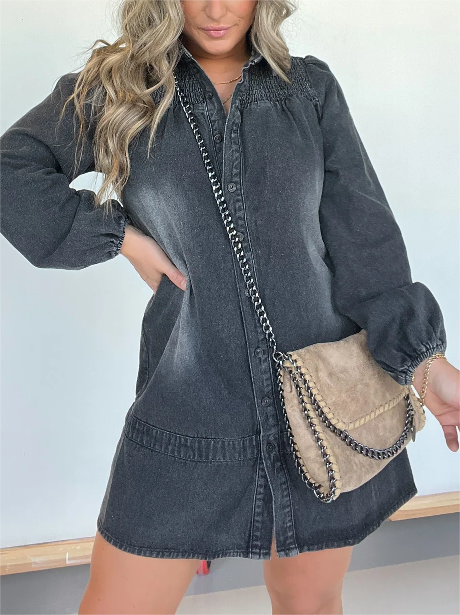 Washed Denim Puff Sleeve Shirt Dress (Buy 2 Free Shipping)