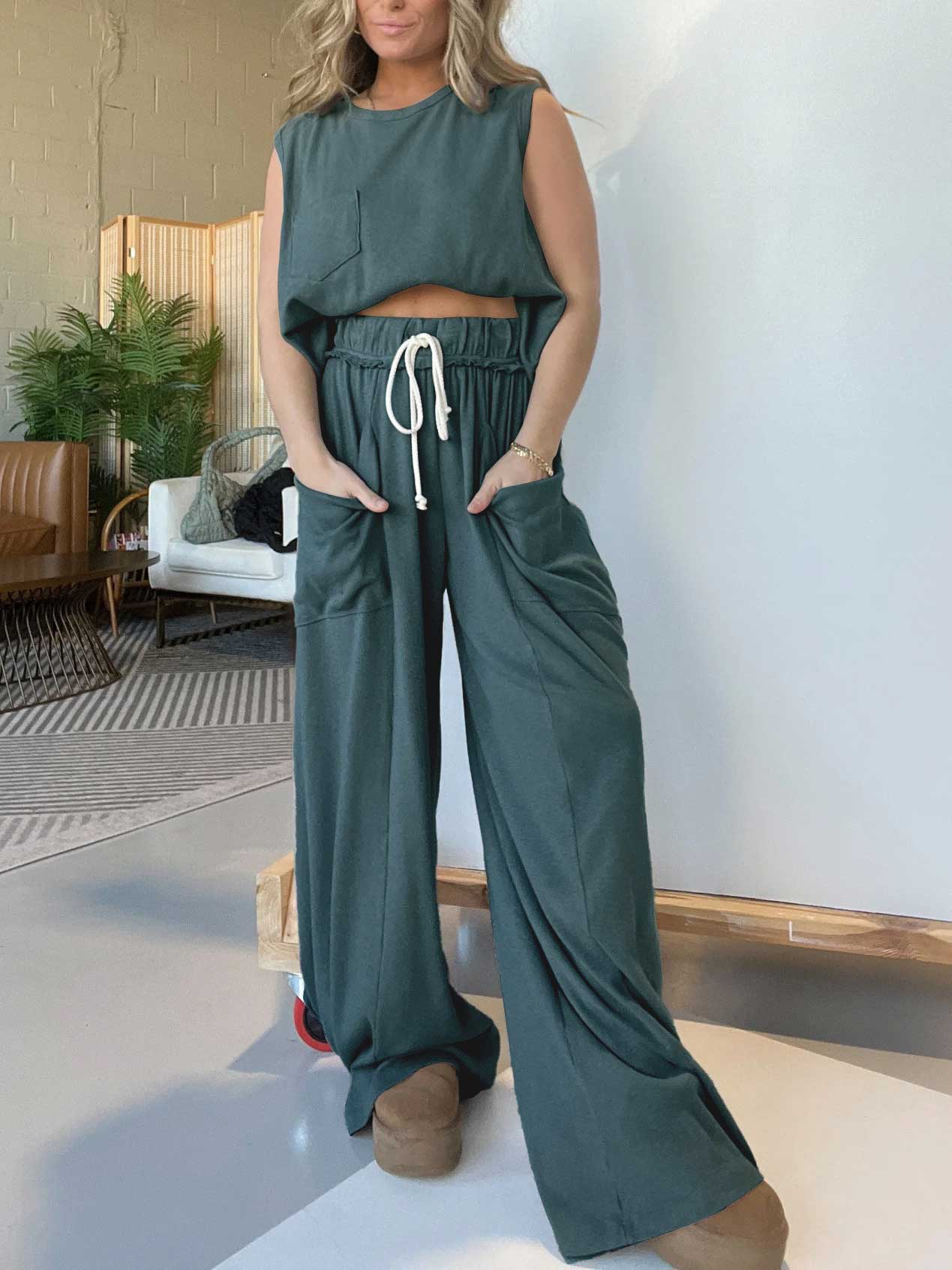 Short Sleeveless Tank Top Wide Leg Sweatpants Set (Buy 2 Free Shipping)