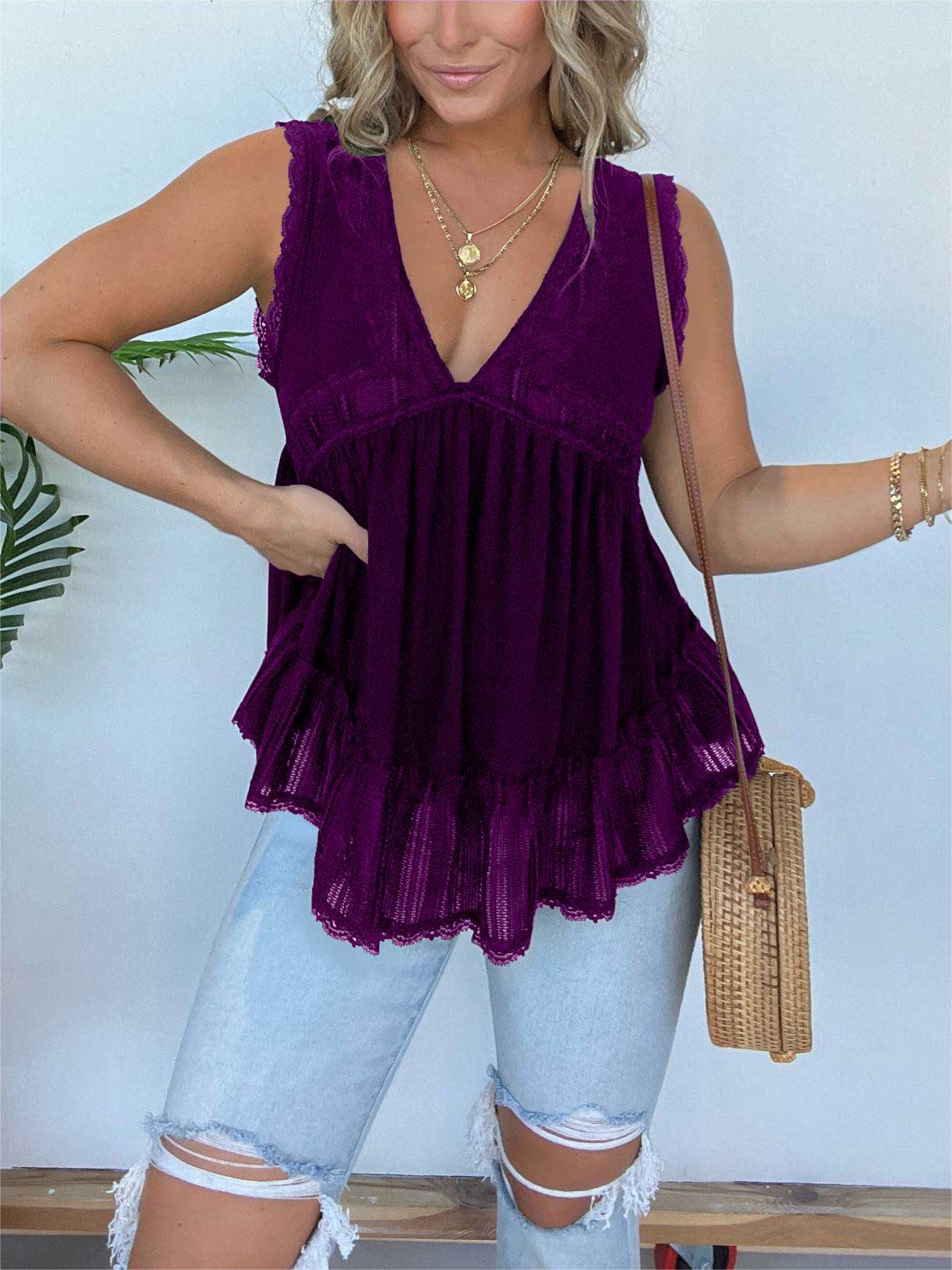 V-neckline Sleeveless Flow Top with Lace Trim (Buy 2 Free Shipping)