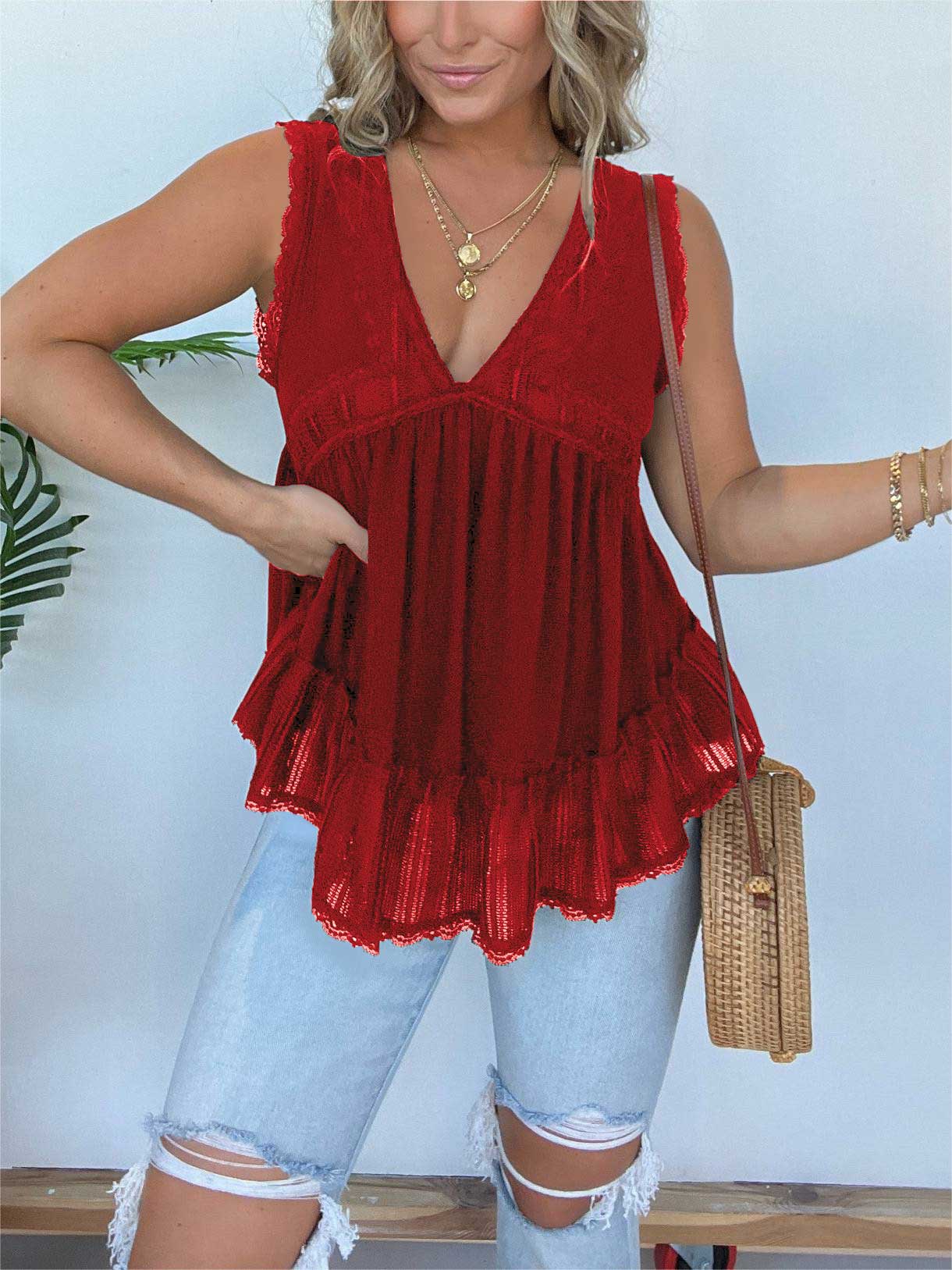 V-neckline Sleeveless Flow Top with Lace Trim (Buy 2 Free Shipping)