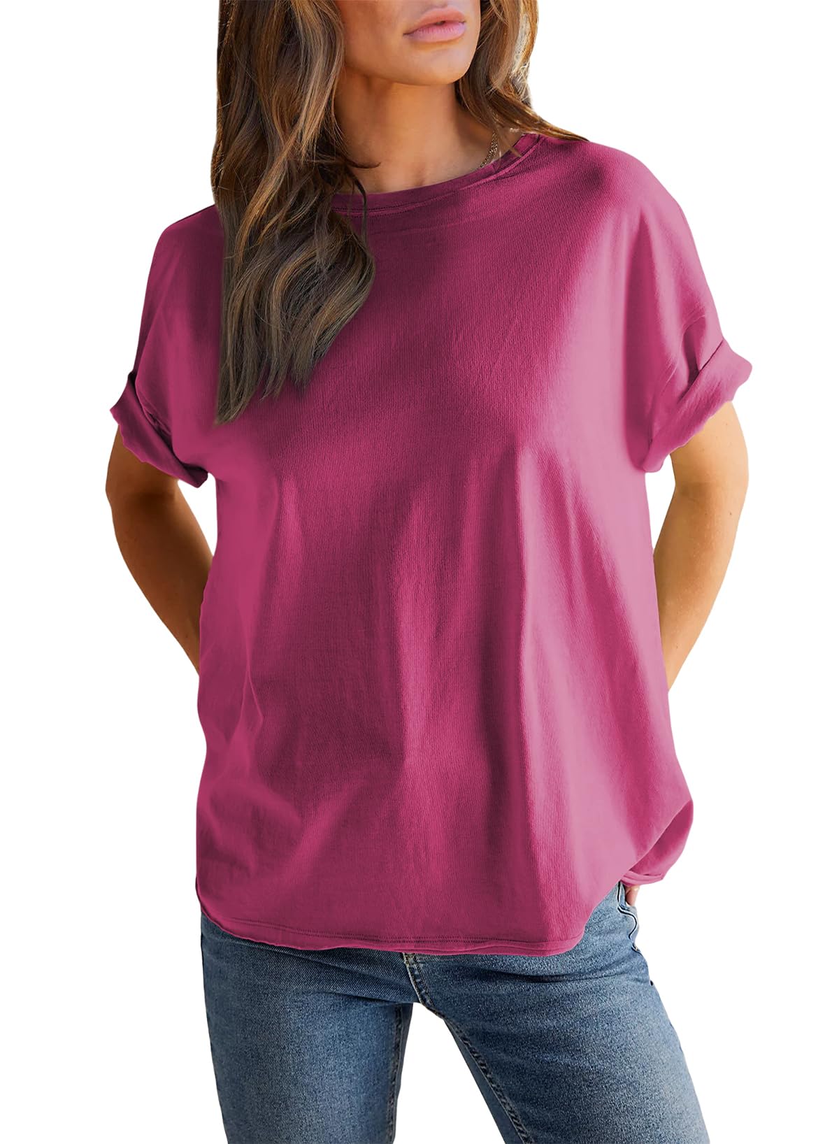 Round neck solid color short sleeve back spliced T-shirt cotton tee
