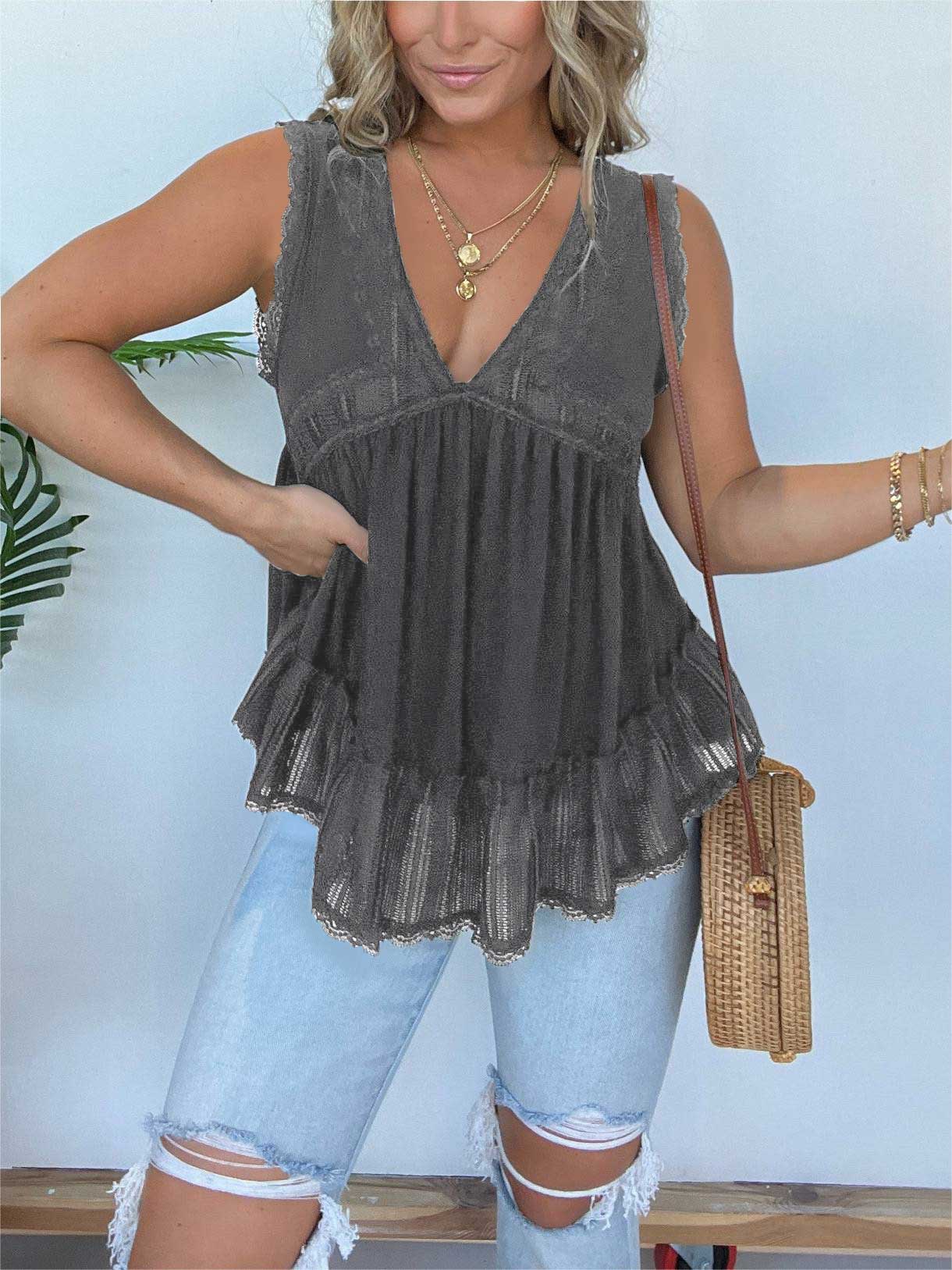 V-neckline Sleeveless Flow Top with Lace Trim (Buy 2 Free Shipping)