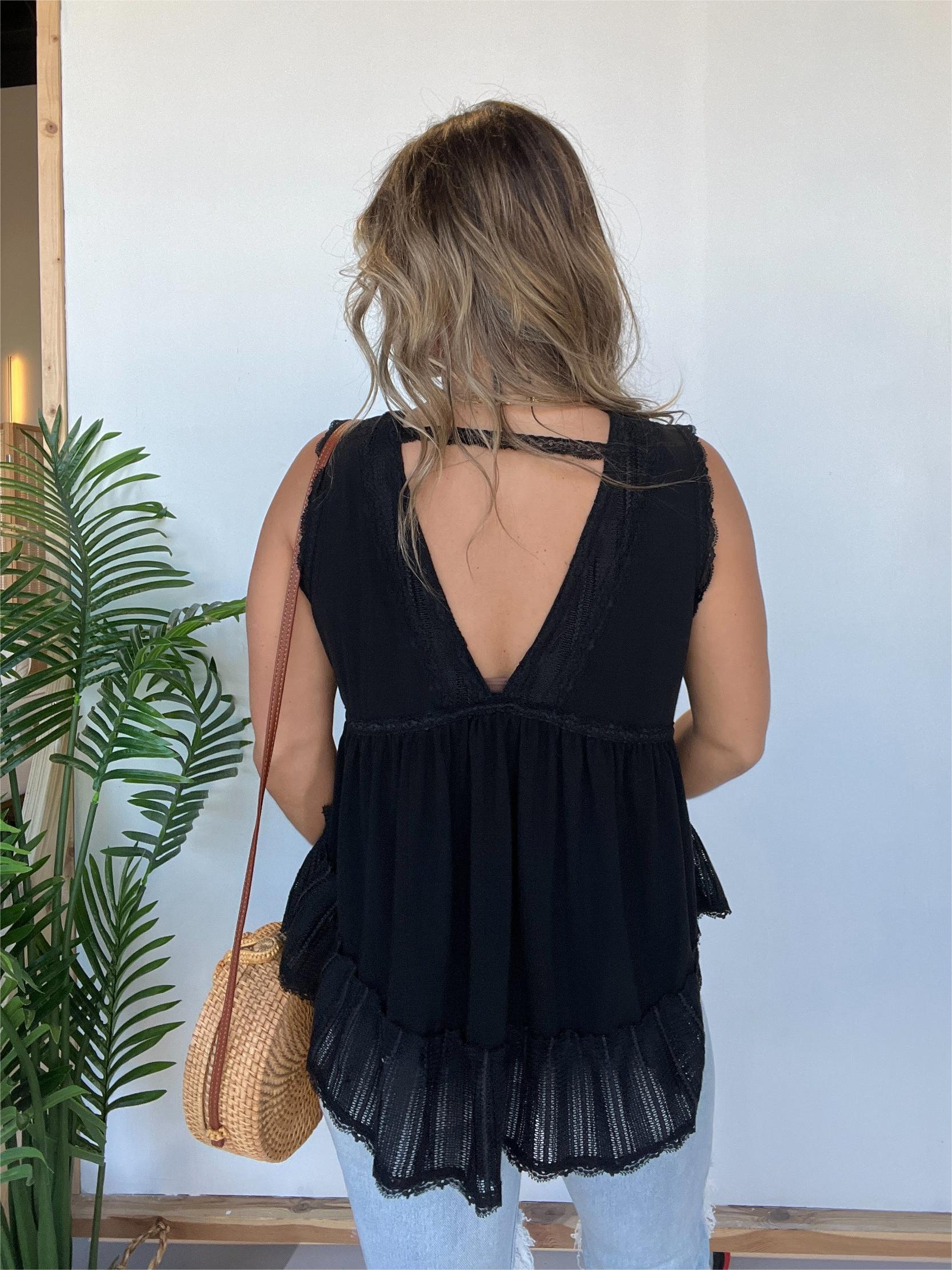 V-neckline Sleeveless Flow Top with Lace Trim