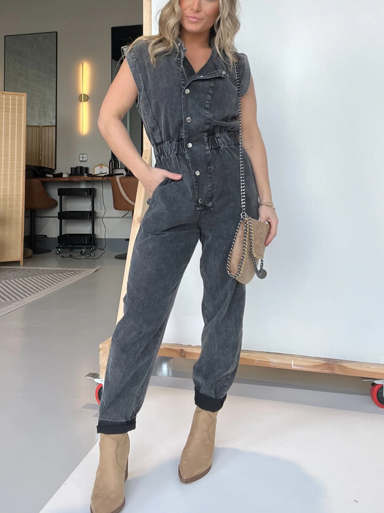 Sleeveless Denim Waisted Lightweight Jumpsuit