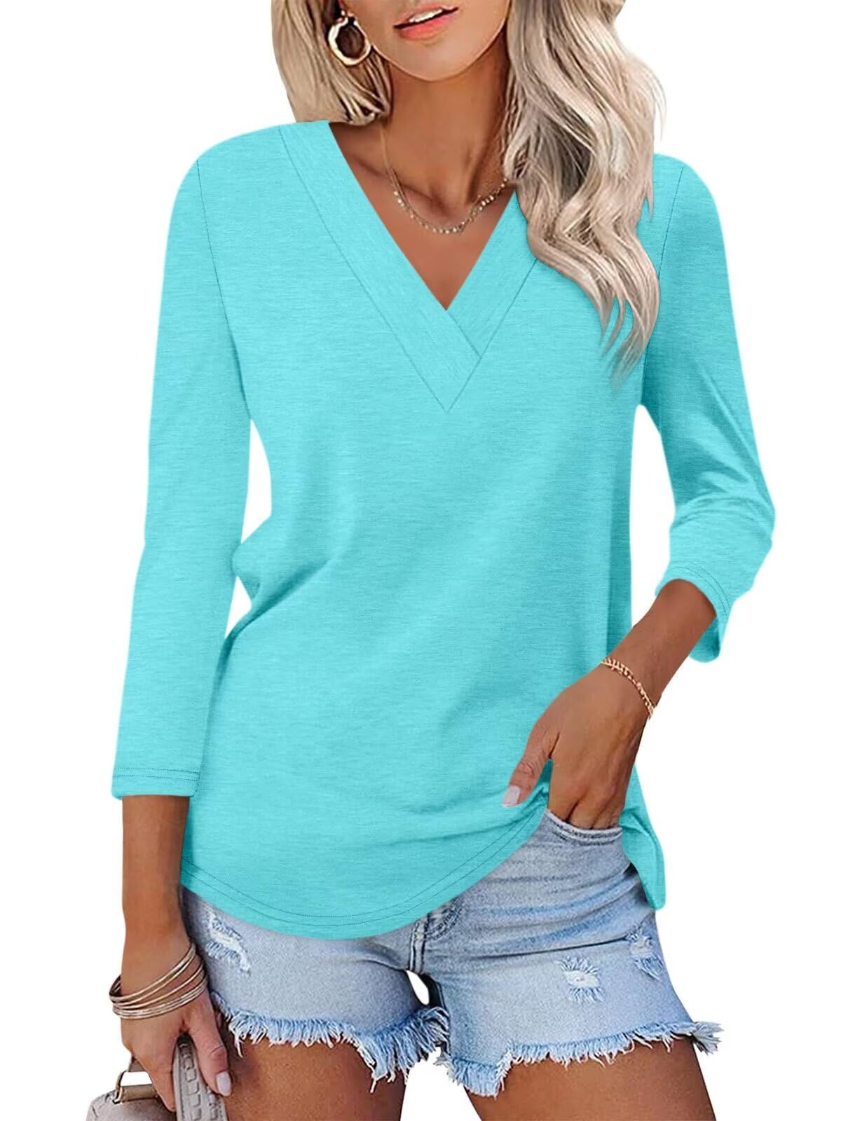 Women's 3/4 Length Sleeves V Neck Basic Tops (Buy 3 Free Shipping)