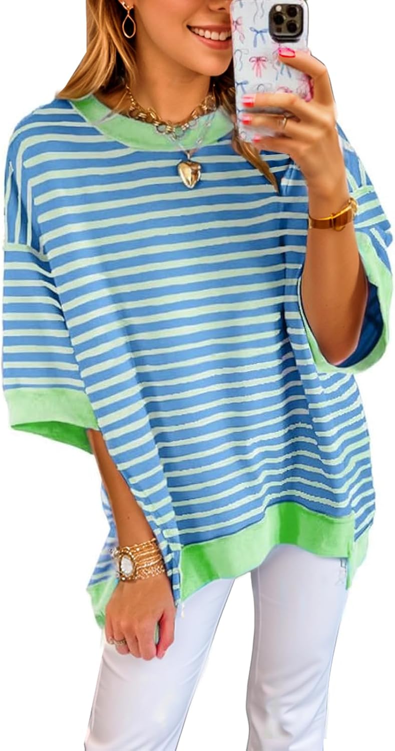 Women's Oversized Striped Color Block Casual Half Sleeve Tops (Buy 2 Free Shipping)