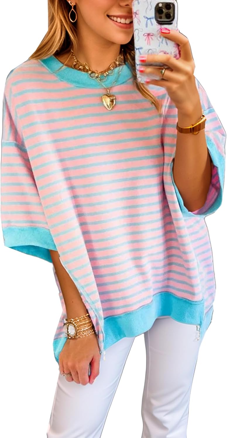 Women's Oversized Striped Color Block Casual Half Sleeve Tops (Buy 2 Free Shipping)