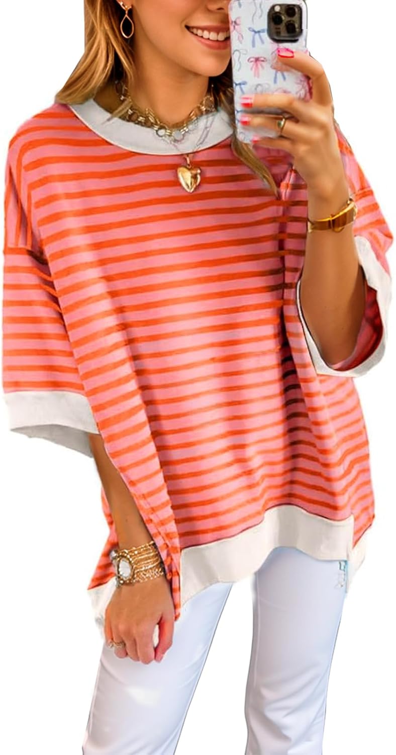 Women's Oversized Striped Color Block Casual Half Sleeve Tops (Buy 2 Free Shipping)