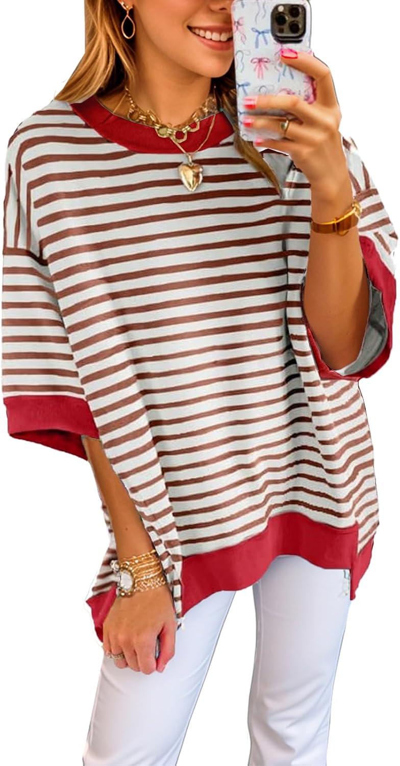 Women's Oversized Striped Color Block Casual Half Sleeve Tops (Buy 2 Free Shipping)