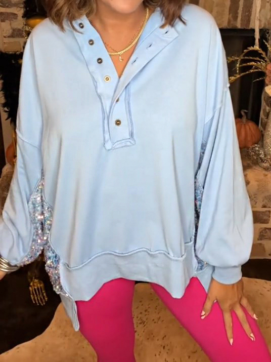 Sequin Colorblock Henley Sweatshirt
