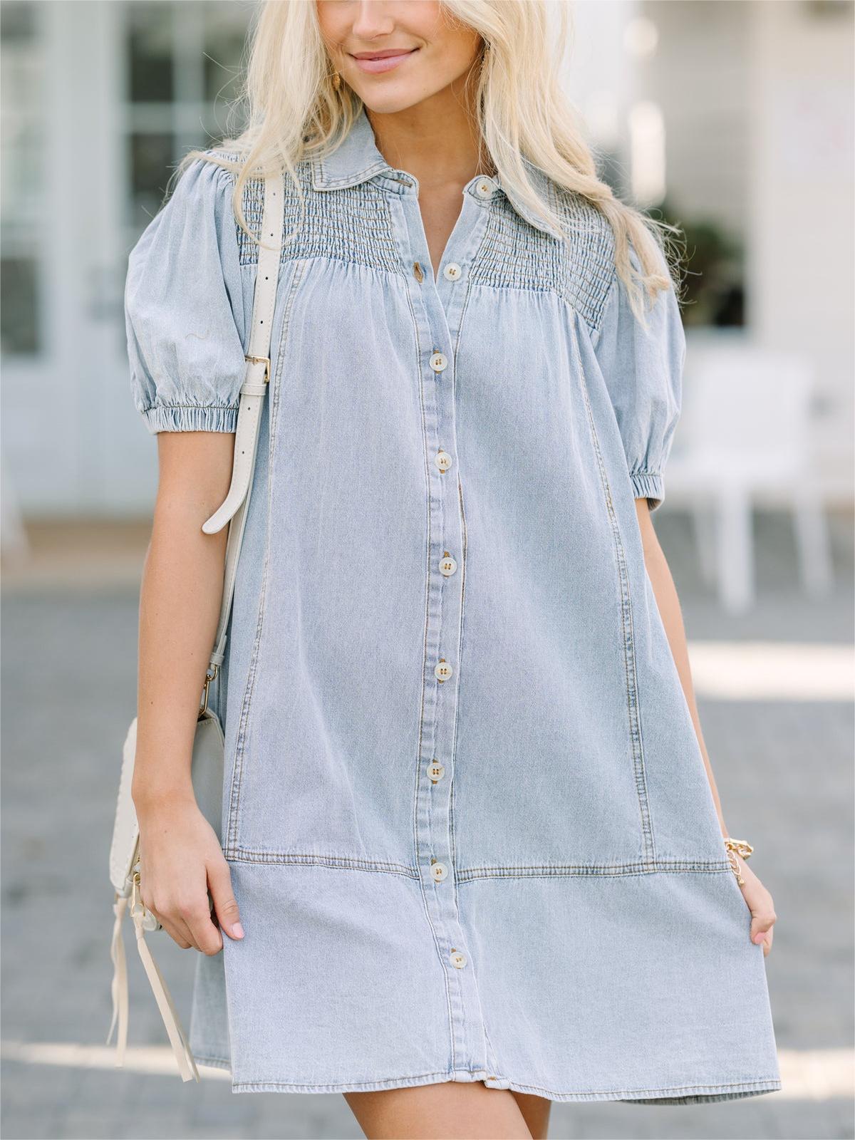 LookbookStore Women's Short Sleeve Button Down Flowy Tiered Babydoll Denim Dress