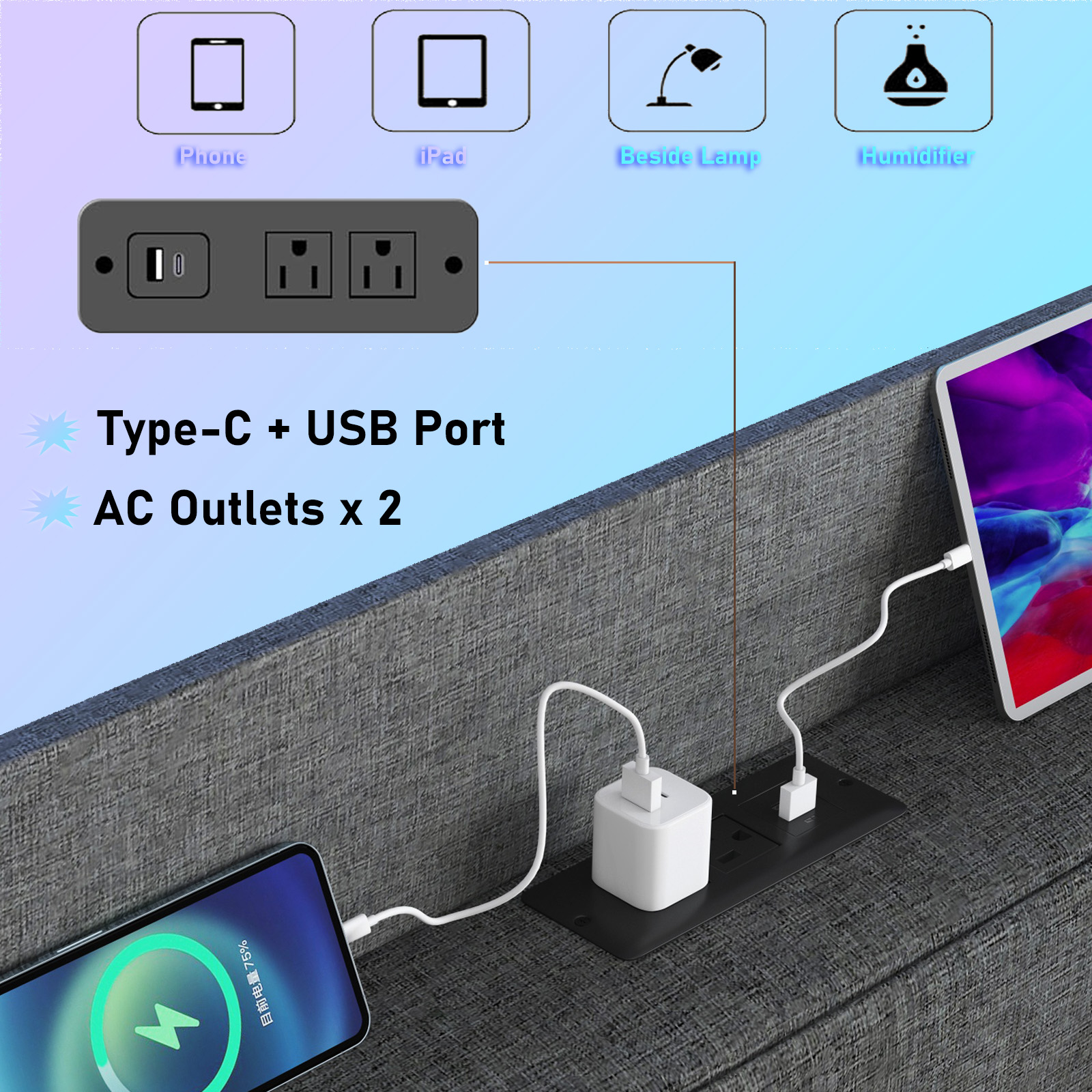 Wingback Upholstered Bed Frame with LED Headboard & Charging Ports