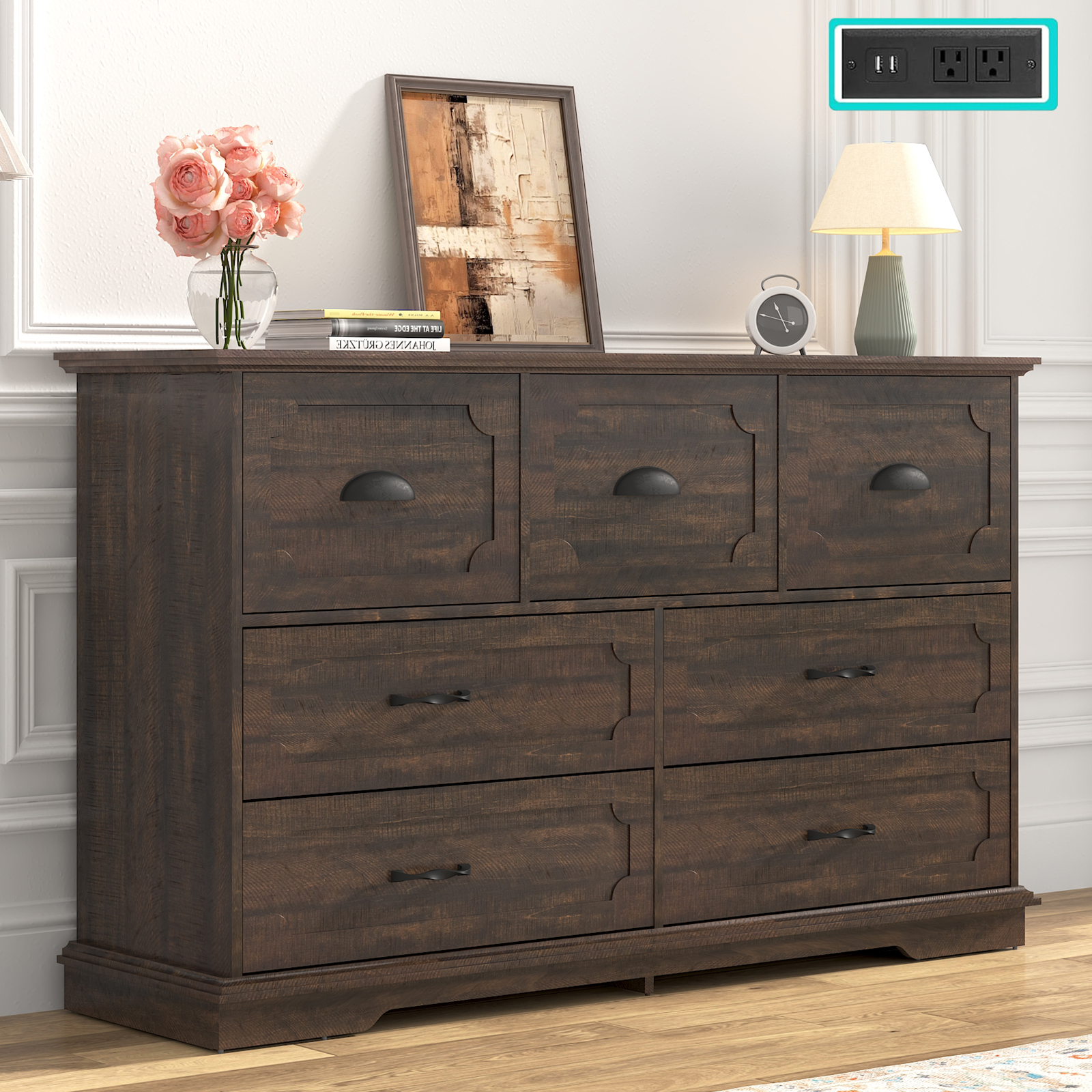Blotout 55" Large Long Drawer Dresser with Deep Drawers, Farmhouse 7 Drawer Dresser for Bedroom, Wide Wood Chest of Drawers with Power Outlets