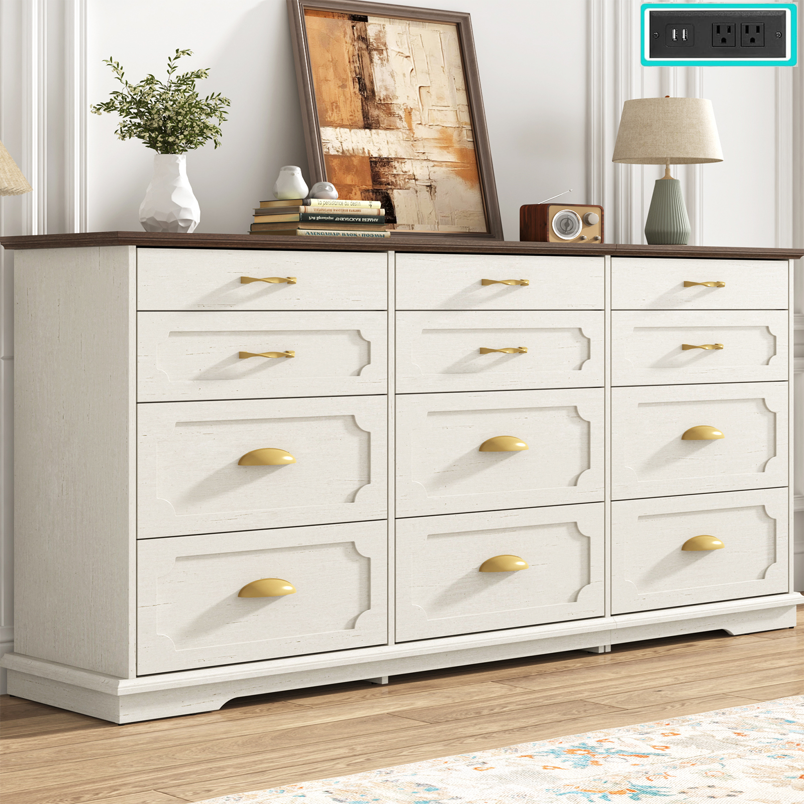 Blotout 70" Large Long Dresser with Deep Drawers, Farmhouse 12 Drawer Dresser for Bedroom, Wide Wood Chest of Drawers with Power Outlets